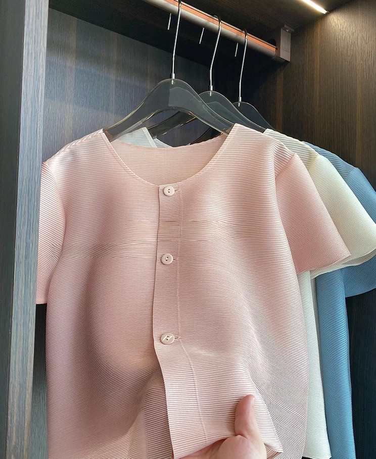 

Slimming Effect Japanese Brand Women's T-shirt Short Sleeve Pleated Spring Summer Fashion Commute Style Korean Version Silk M...