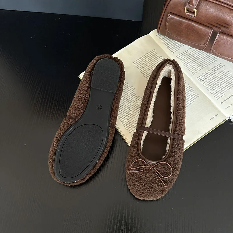 موضة فاخرة رقيق النساء الشتاء أحذية مصممين مريحة الإناث الباليه الشقق الدافئة السيدات ماري جينس الفراء أحذية جديد 2026 #6