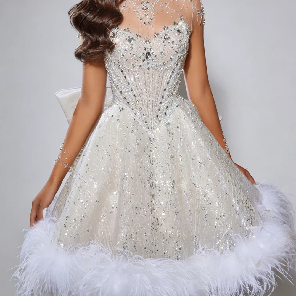 

Elegant O-Neck Sequined Beads Sleeveless Feather A-Line Formal Evening Dresses Birthday Party Prom Gowns Customized