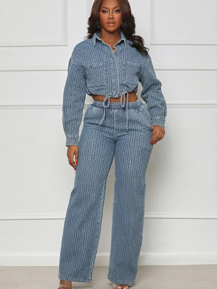 

Vintage Blue Denim 2 Piece Set for Women Matching Sets Long Sleeve Button Lace-up Crop Top and Pants Jeans Pocket Casual Outfits