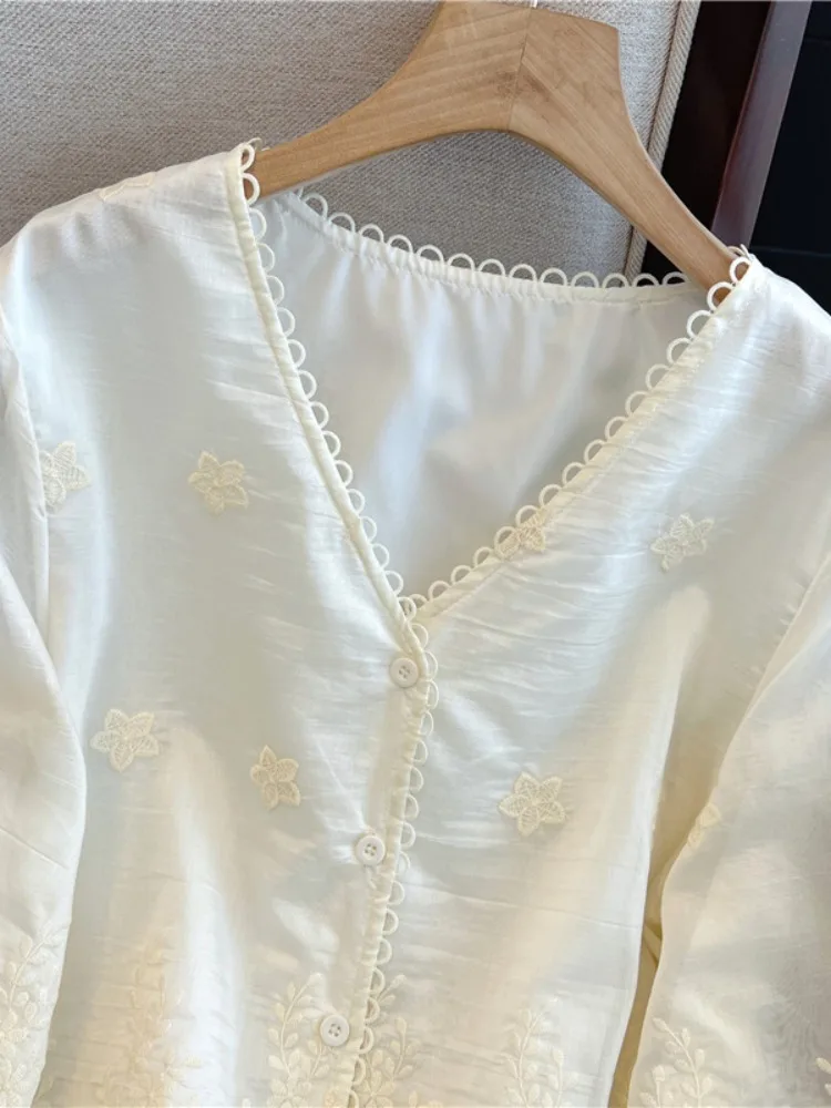 الدانتيل V-ne 3/4 Sve irt المرأة الصيف حجم كبير فضفاض Age-defng حماية من الشمس تكييف الهواء العصرية #4