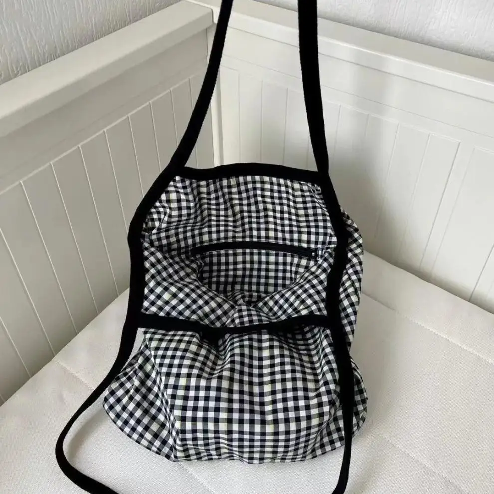 Bolso de lona a cuadros con diseño de nicho para mujer, bolsa de compras a rayas, bolso de hombro de viaje de gran capacidad para estudiantes