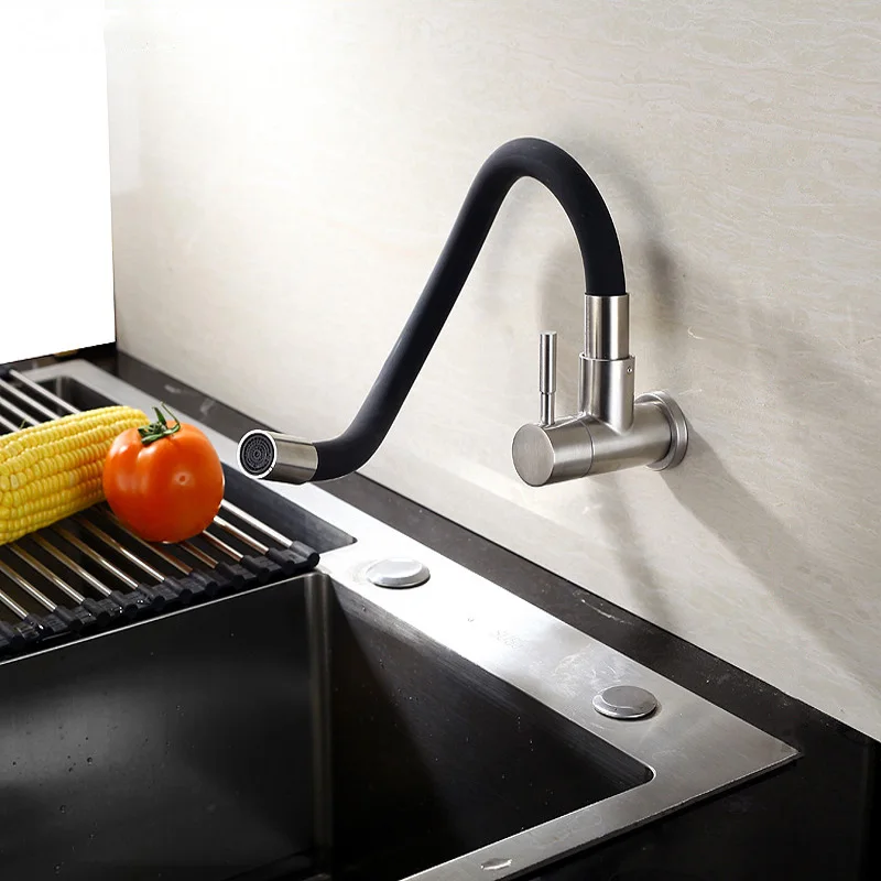 Wall Mounted Single Cold Kitchen Sink Faucets Stainless Steel One Hole Rotatable Kitchen Faucet 1 Handle Vessel Sink Faucets