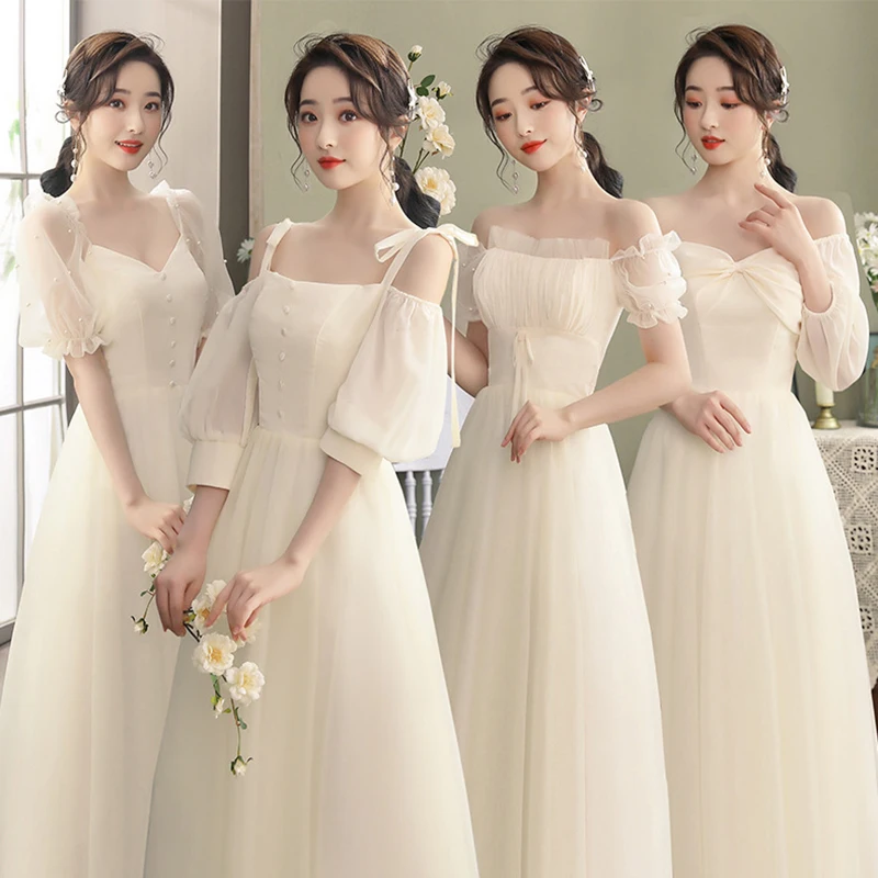 

4 Styles Elegant Solid Beige Bridesmaid Dresses 2023 New Women's Square Collar Simple Bow Design Wedding Guest Party Gowns