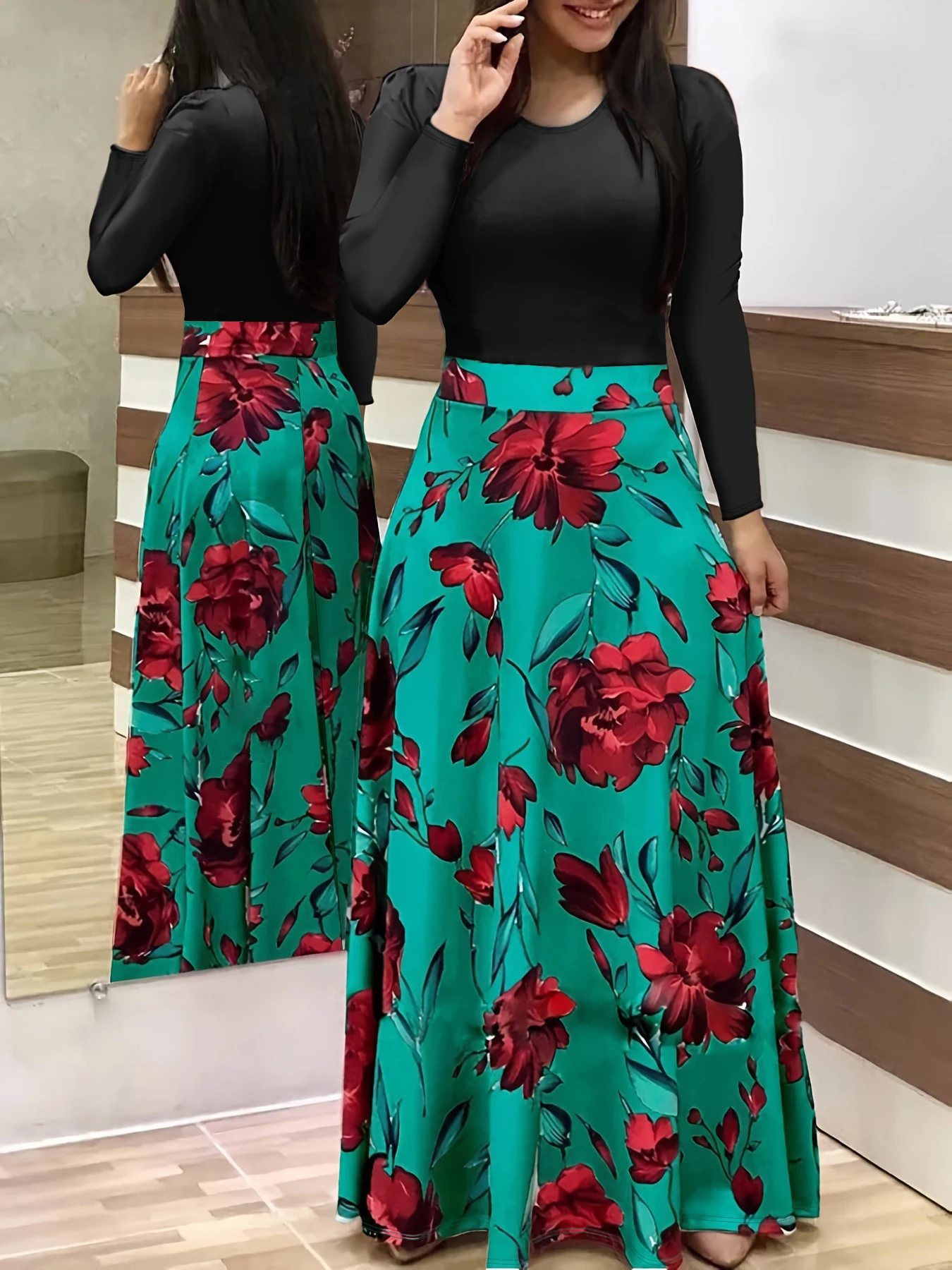 

Plus Size Women's Dress Flower Print Round Neck Long Sleeve Elegant Dress