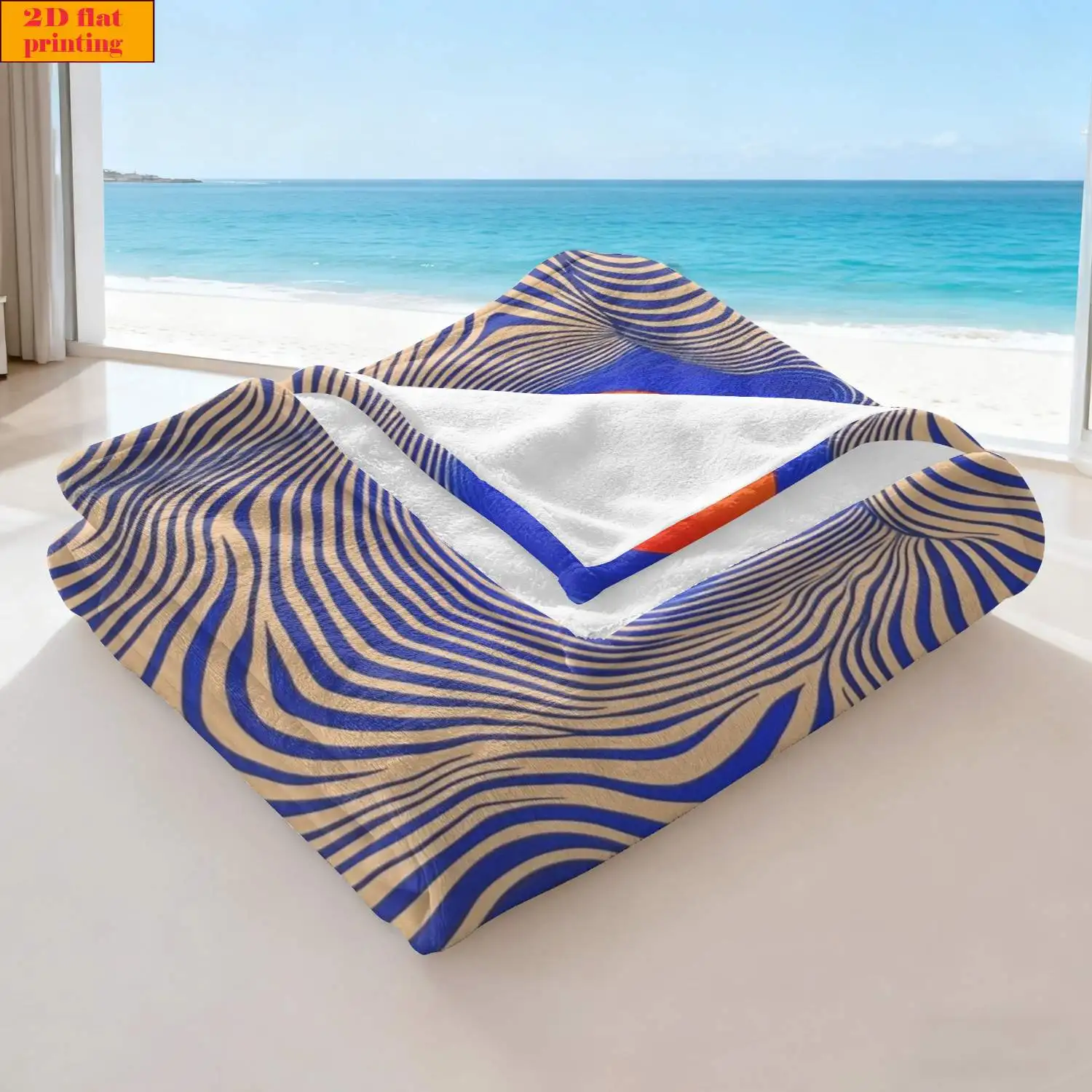 Wavy Blue Beige Stripe Red Center Circle Abstract Base Fleece Blanket Cozy Throw For Bed Travel Dorm Retro Modern Decor Present