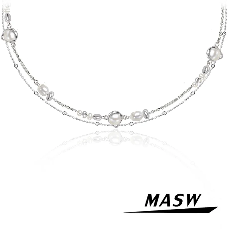 

MASW Original Design Cool Cold Trend Two Layers Chain Natural Pearl Necklace For Women Girl Gift Fashion Jewelry Accessories