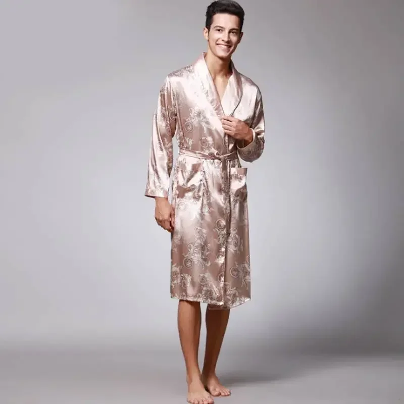 Luxury Men Robe Bathrobe Faux Silk Robes Long Home Clothing Male Sleep Robe XXL Summer Homewear