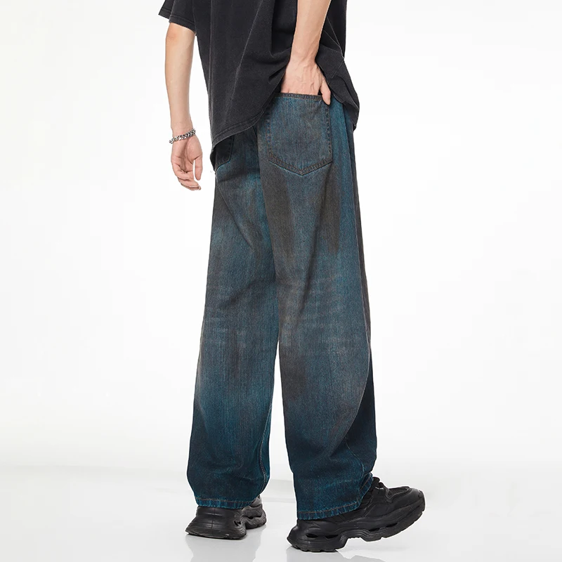Retro Jeans Men's Spring and Summer Loose Wide-Leg Casual All-Match Washed Straight Fashion Youth Hip Hop Trousers