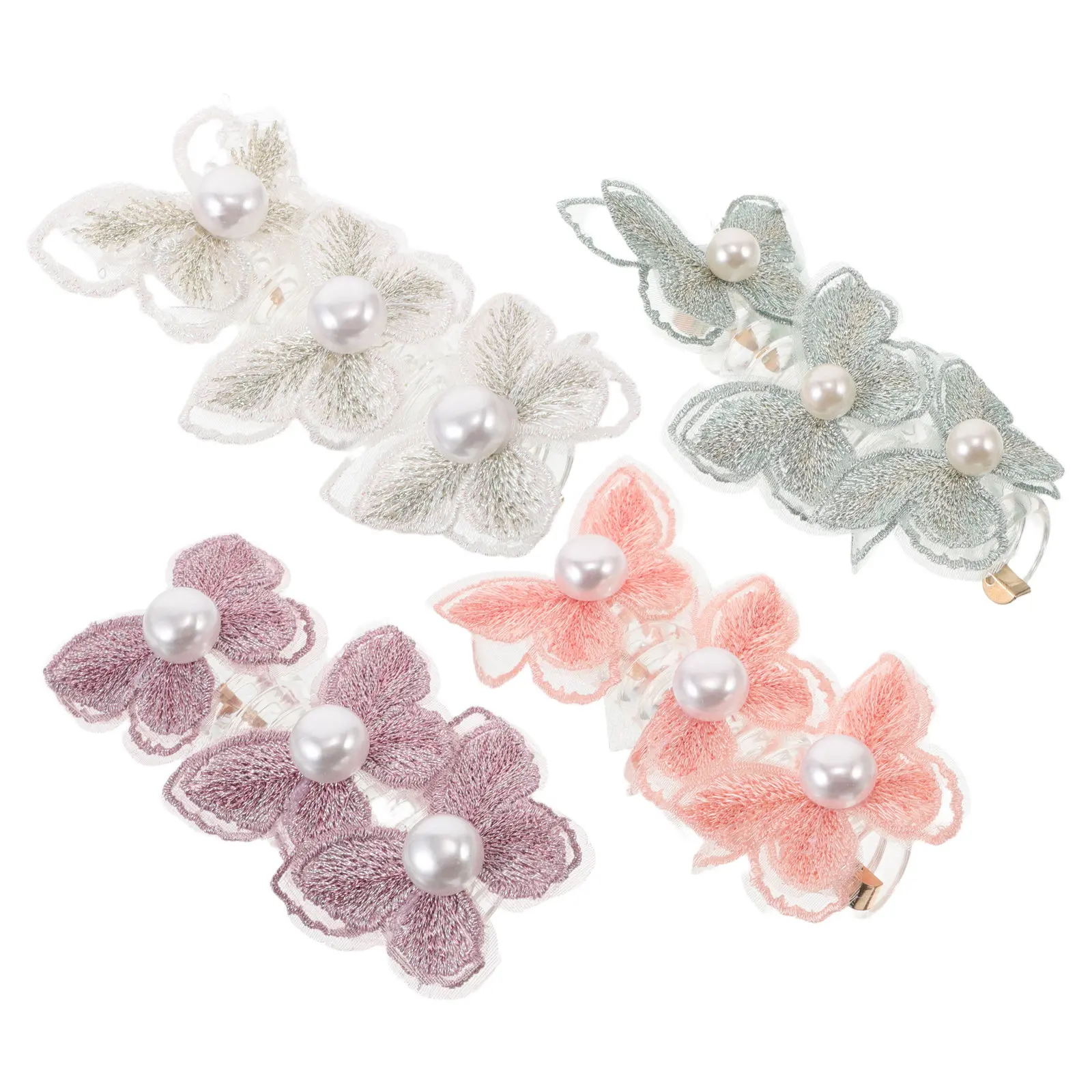Butterfly Lace Fake Pearl Spiral Hair Ties – 4pcs Stretchy Coil Ponytail Holders for Women