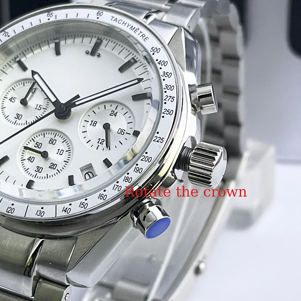 40MM Men's Water-Resistant Quartz Watch Vk63, High-Quality Running Time Chronograph with White Dial and Screw-Down Crown AA