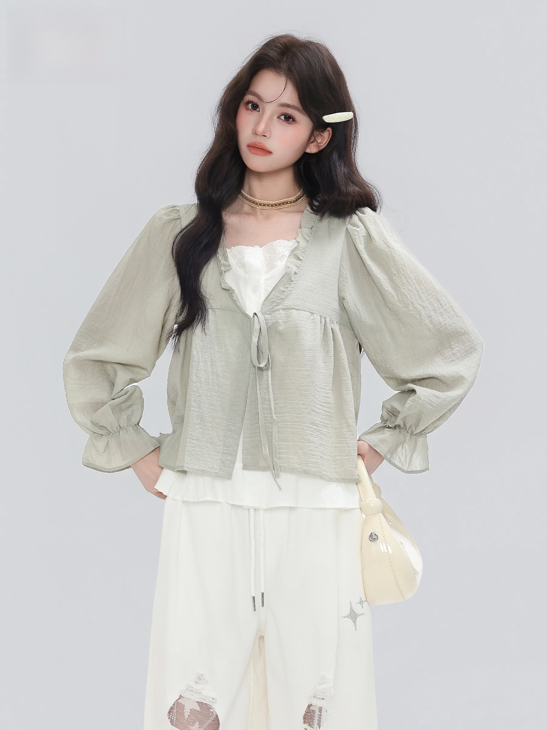 

Sweet Tie-Detail Long Sleeve Shirt Women's Loose Floral Lace Collar Top Fake Two-Piece Style Autumn New Arrival Female Garment