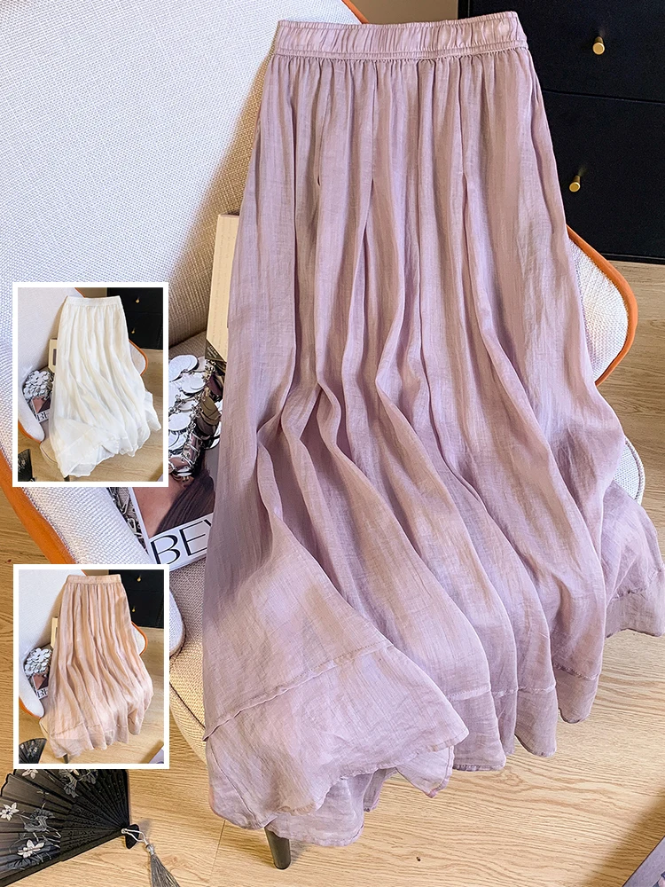 

Artistic Pure Color Cotton Linen Double Layer Long A-Line Skirt Loose Waist Draped Ele Women's plus Size f-length Skirt