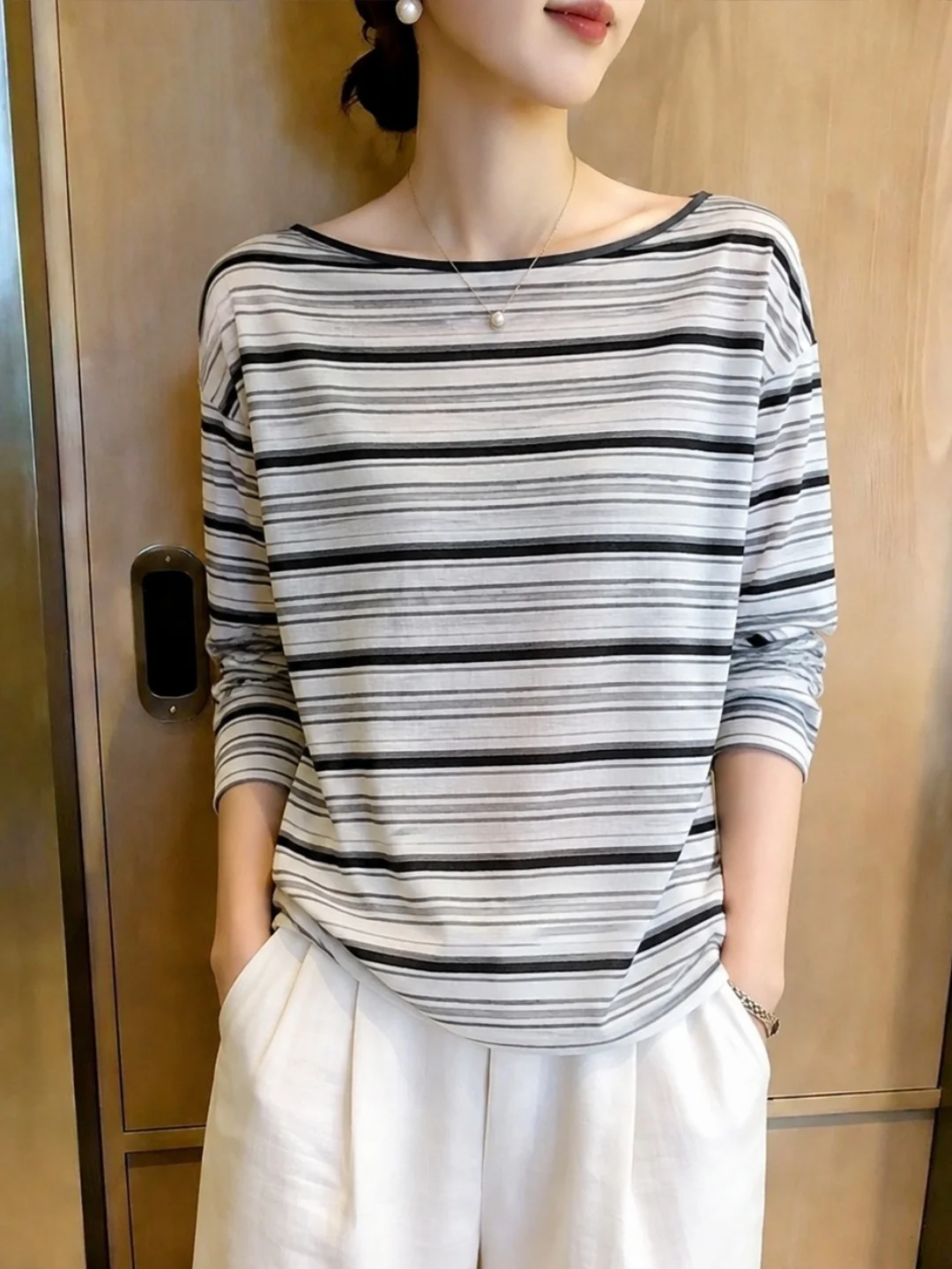 Fall Design Loose Fit Knitted Stripe T-Shirt Women's round Neck Long Sleeve Casual Versatile Commute Top Color Block Style