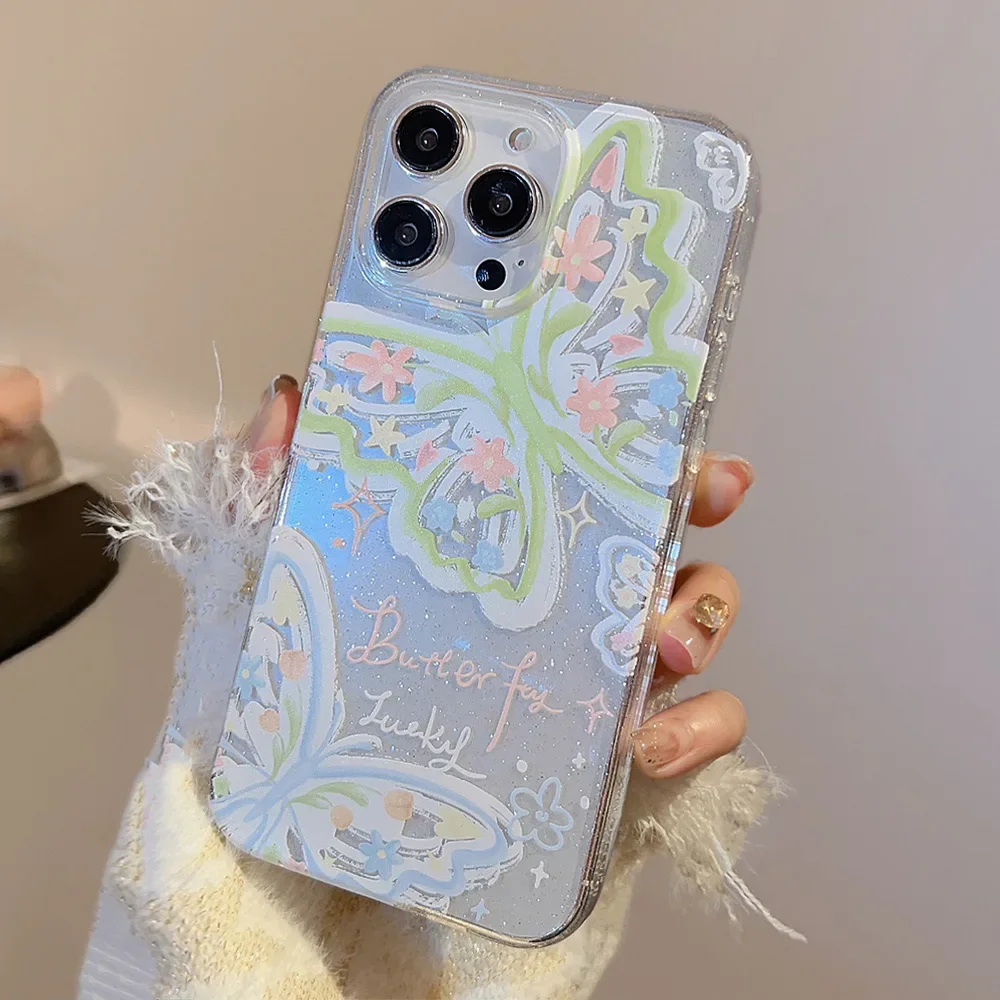 Fairy Summer brokat green Butterfly przezroczyste etui na telefon do iPhone'a 16 15 14 13 12 Pro Max 15 14 Plus Etui Cute cartoon Cover