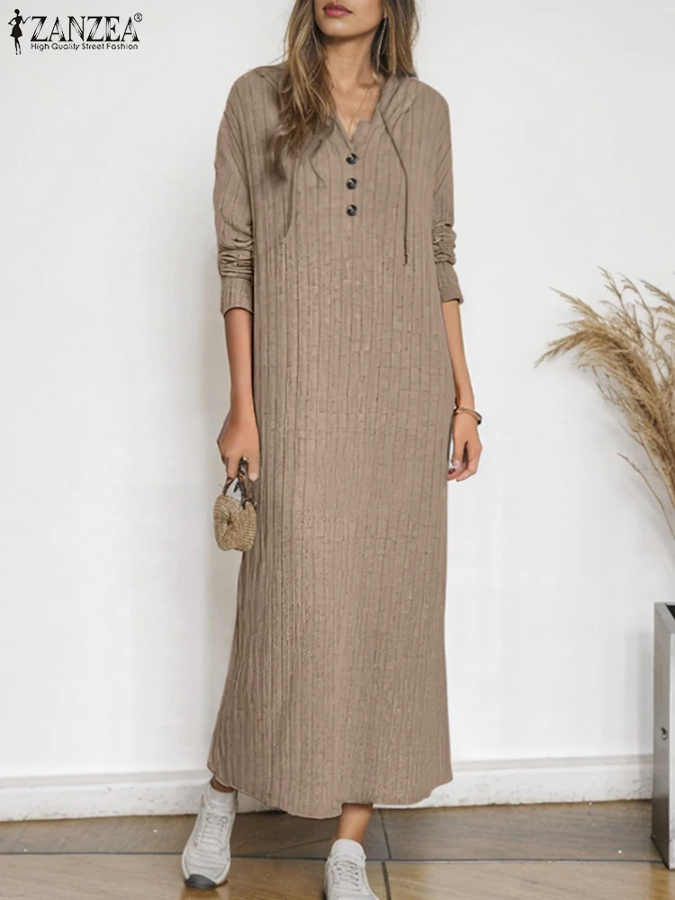 

ZANZEA Winter Woman Loose Sweatshirt Robe Femme Fashion Casual Long Sleeve Sweater Dress Autumn Hooded Sundress Ribbed Vestidos