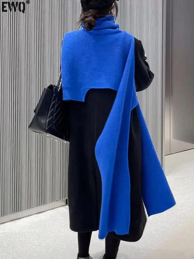 

[EWQ] Women Knitting Capes Korean Design Irregular Blue Long Pullover Shawl Scarf winter 2023 autumn New Female Clothing 6Y3604