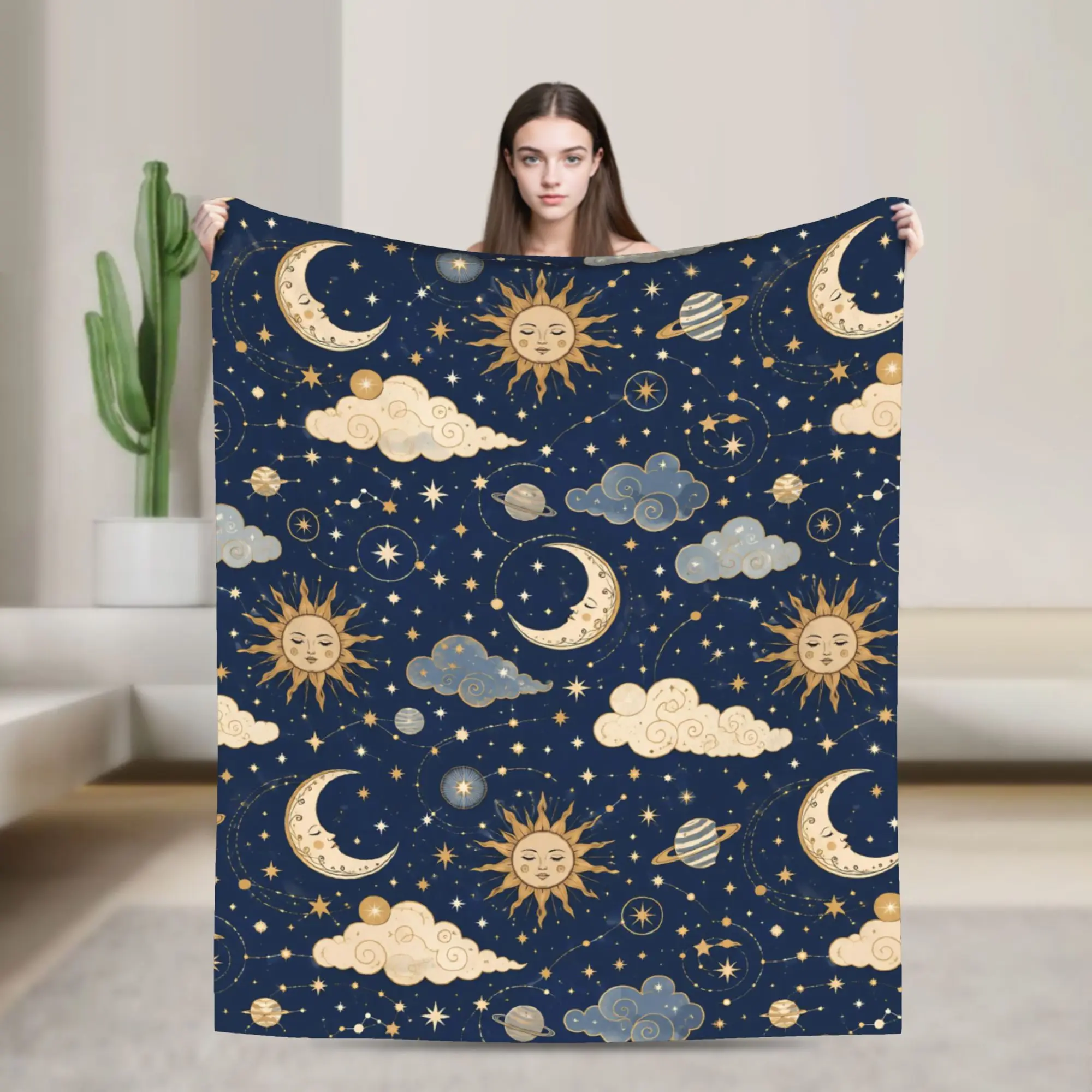 Sun and Moon Blankets Coral Fleece Plush Summer Air Conditioning Mysterious Starry Sky Thin Throw Blanket for Sofa Bedding Throw