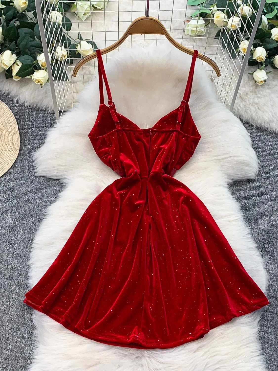 Velluto con paillettes scozzese Vita snellente V-Ne Strapl Dr French Sle Vita alta Gonna a trapezio Abito anti-pilling senza maniche