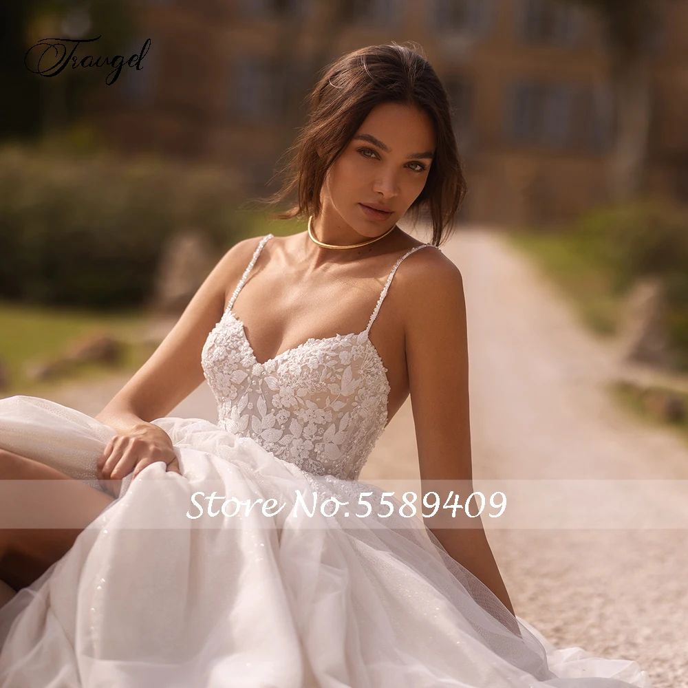 Traugel Elegant Backless Sweetheart Vintage Wedding Dresses Luxury Spaghetti Straps Appliques Court Train A Line Bridal Gown