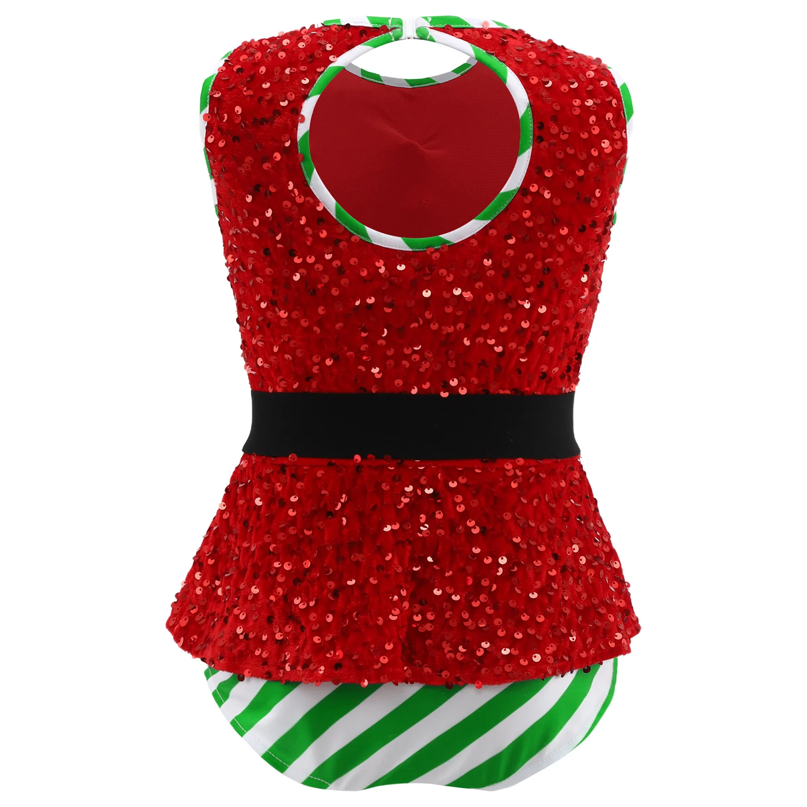 Kids Girls Shiny Sequin Striped Candy Button Christmas Santa Elf Bodysuit Costume Ballet Dance Gymnastics Leotard with Belt