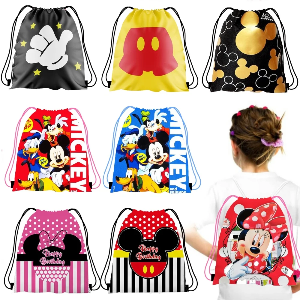 Bolsa con cordón de Mickey Minnie Mouse de Disney para niñas, tela no tejida, bolsillo receptor de regalo para niños, decoraciones para fiesta de bienvenida de bebé y cumpleaños