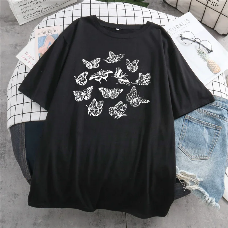 Camiseta gótica vintage kawaii feminina, estampa fofa de borboleta, Harajuku, Y2K, preta, manga curta, grande tamanho, tops estéticos casuais