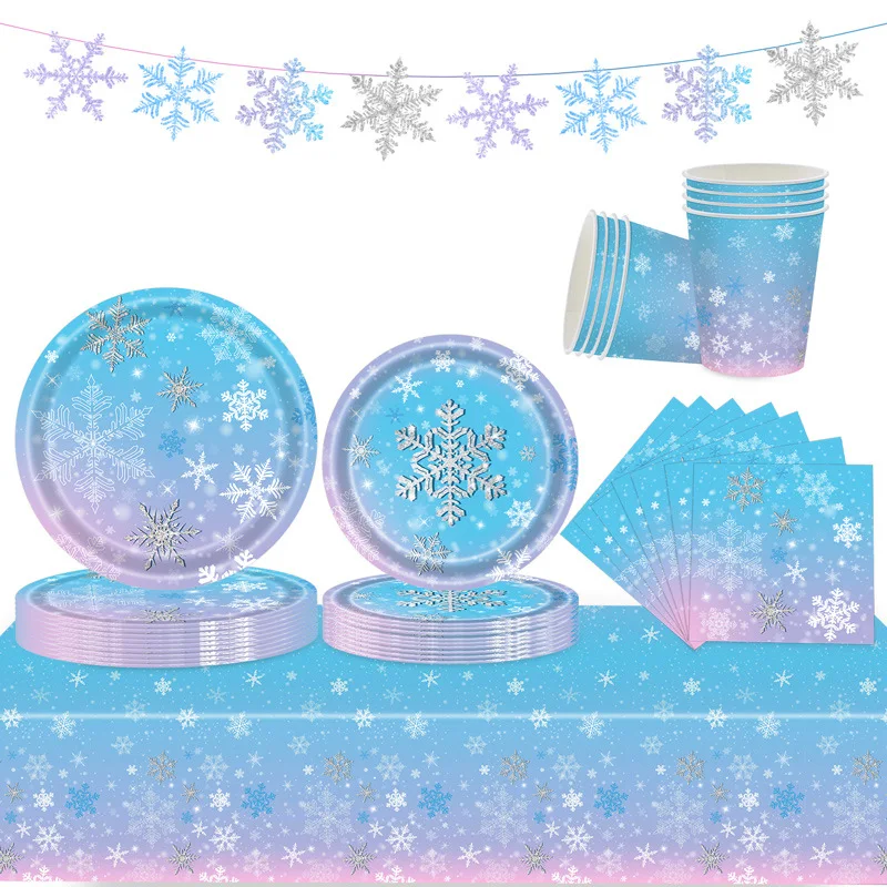 

Snowflake Theme Birthday Disposable Party Tableware Snowflake Paper Plate Cup Napkins Christmas Party Decor Baby Shower Supplies
