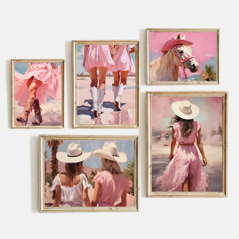 Caballo costero vaqueras botas de vaquero rosa sombrero carteles e impresiones de moda lienzo impresión imagen artística de pared para habitación decoración del hogar regalo