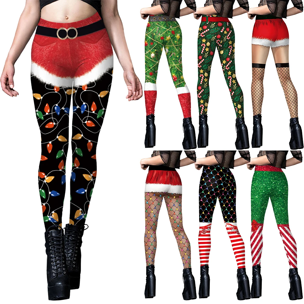 ZAWALAND świąteczne legginsy śmieszne czarne pończochy spodnie z nadrukiem wysokiej talii obcisłe spodnie ze stretchem Xmas Party damskie legginsy