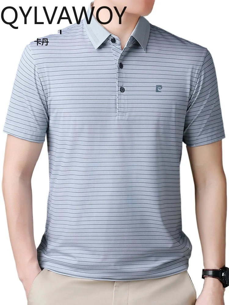 

QYLVAWOY 100% SILK Men's Silk Middle-Aged Business Casual Striped Short-Sleeve T-Shirt Summer New Lapel Polo Shirt LJ2219