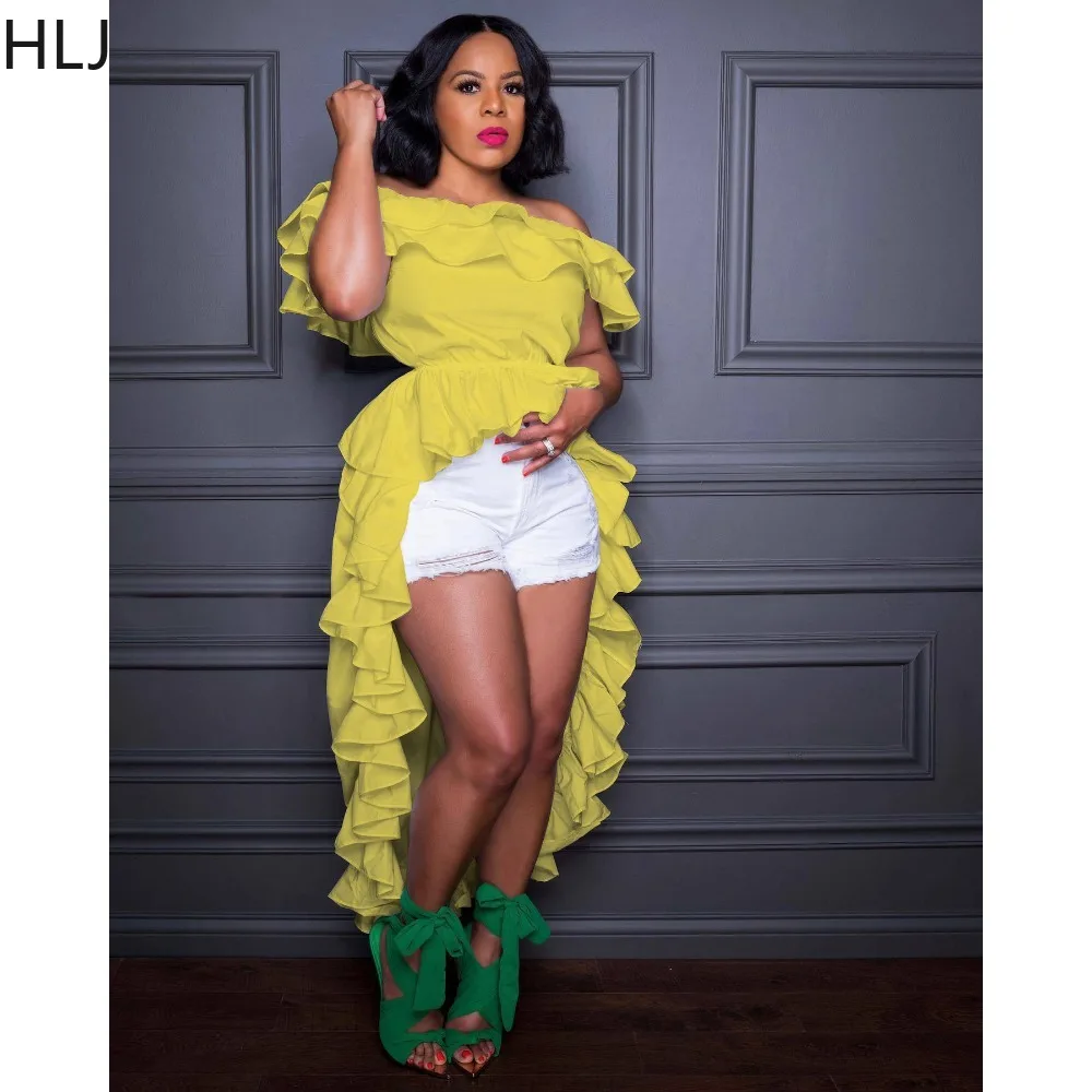 HLJ Fashion One Shoulder Ruffle Design Irregular Shirt Women Round Neck Sleeveless Swallowtail Tops Casual Female Solid Clothing