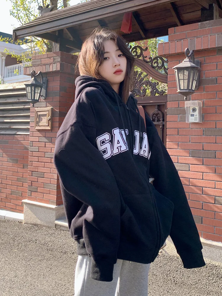 Autumn Couple Tops with hat Sweatshirt Hoodies Casual Women Fashion fall Loose Long Sleeve Print Cardigan Vintage Zip up Hooded