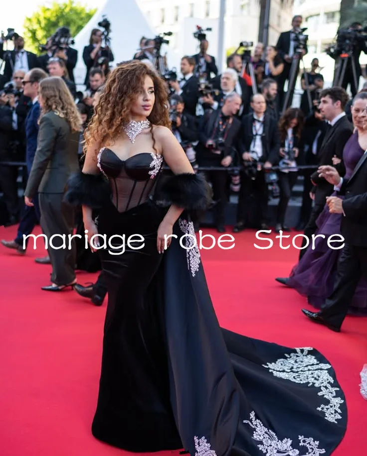 فساتين المشاهير طويلة حورية البحر باللون الأسود مع كيب التفاف قطعة العاج سباركلي زين كان السجادة الحمراء ثوب الزي حسب الطلب #2