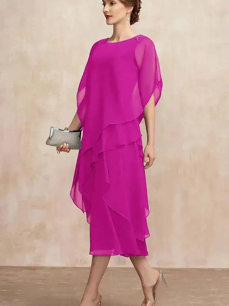 Women Chiffon Dress Short Sleeve Elegant O-Neck Solid Party Irregular Layered Petal Sleeve Summer Fashion Maxi Dress KOT8