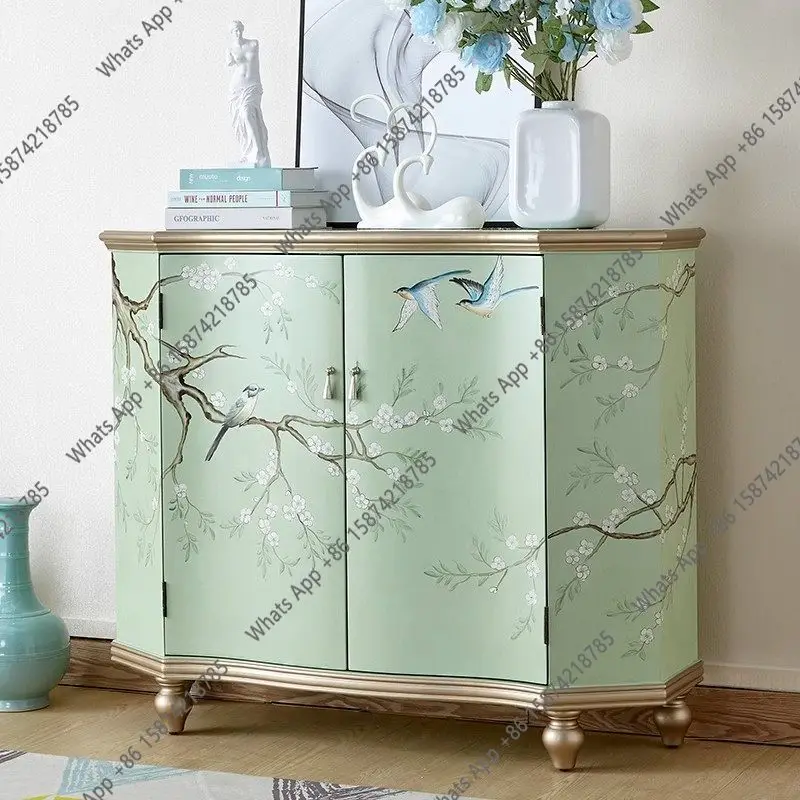 

American country retro entrance cabinet entrance solid wood sideboard, flower and bird art locker, furniture decoration