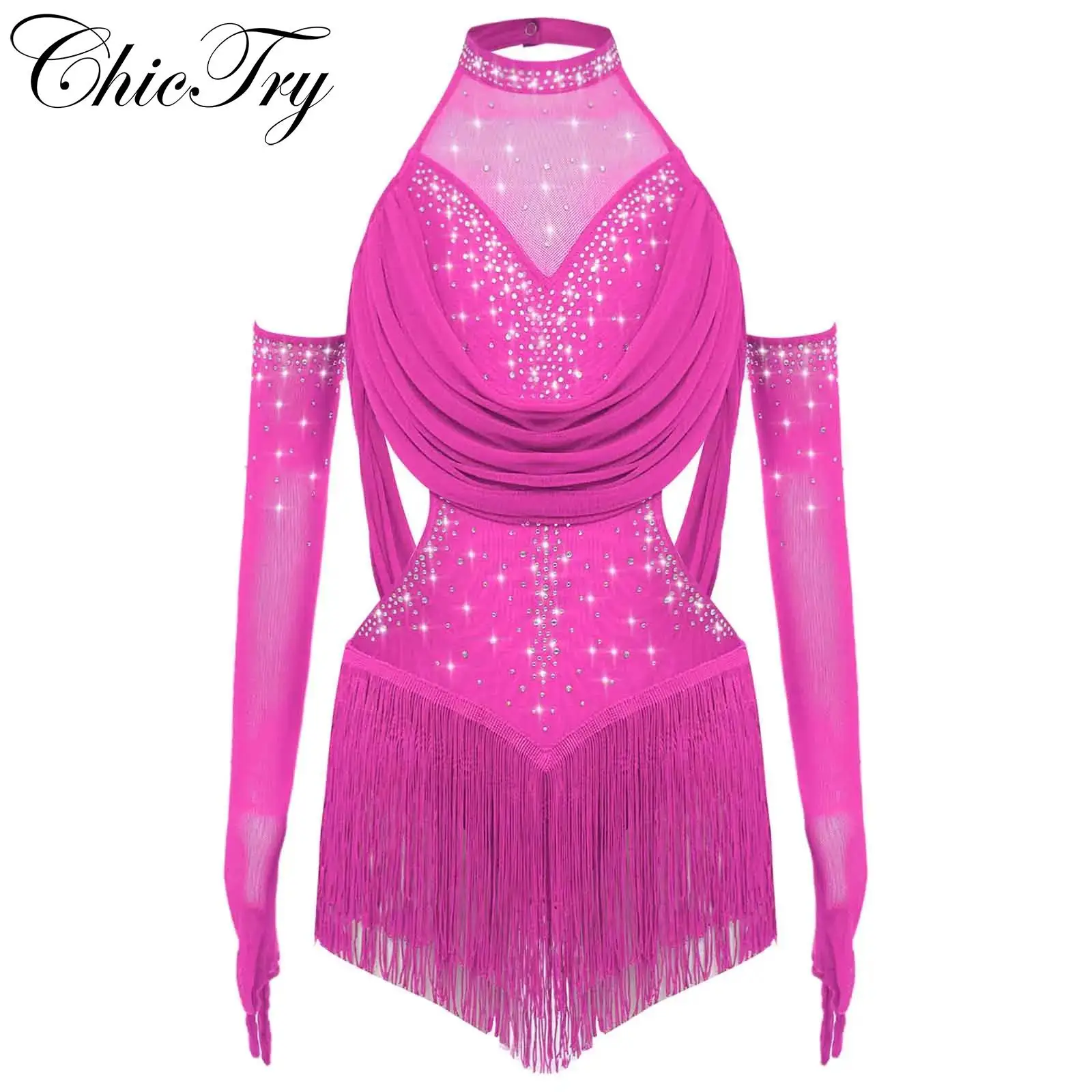 

Kids Girls Latin Jazz Dance Dress Sleeeveless Ruched Mesh Tassel Rhinestones Lyrical Leotard with Gloves for Stage Performance