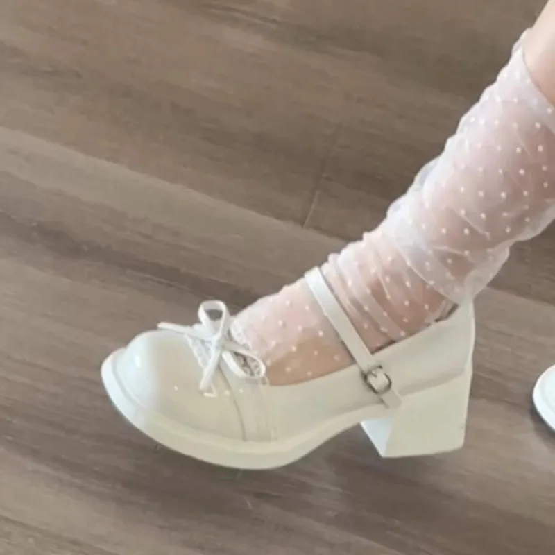 Women White Lace Trim Mary Jane Shoes Bow Decor Chunky Heel Round Toe One Strap Pumps Sweet Lolita Dress Shoes