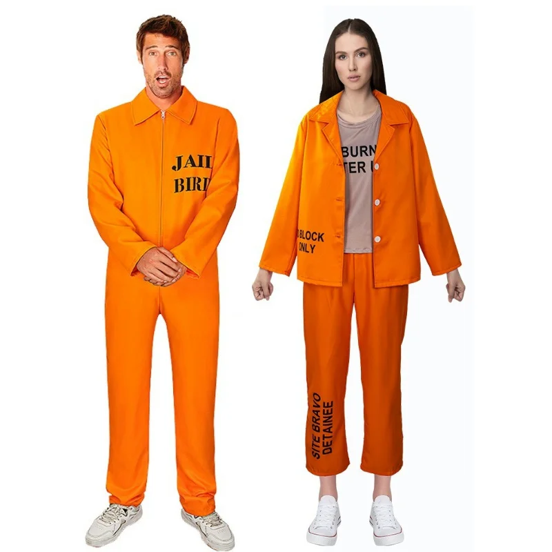 

Unisex Jail Costumes Letter Print Long Sleeve Prison Jumpsuit for Adults Couple Role-Playing Party Cosplay Outfits