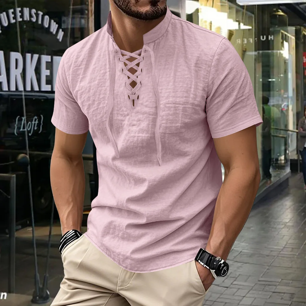 Casual Henry Shirt Beach Short Sleeve Men's T-Shirt Solid Color Simple Stand-Up Collar Men's Shirt