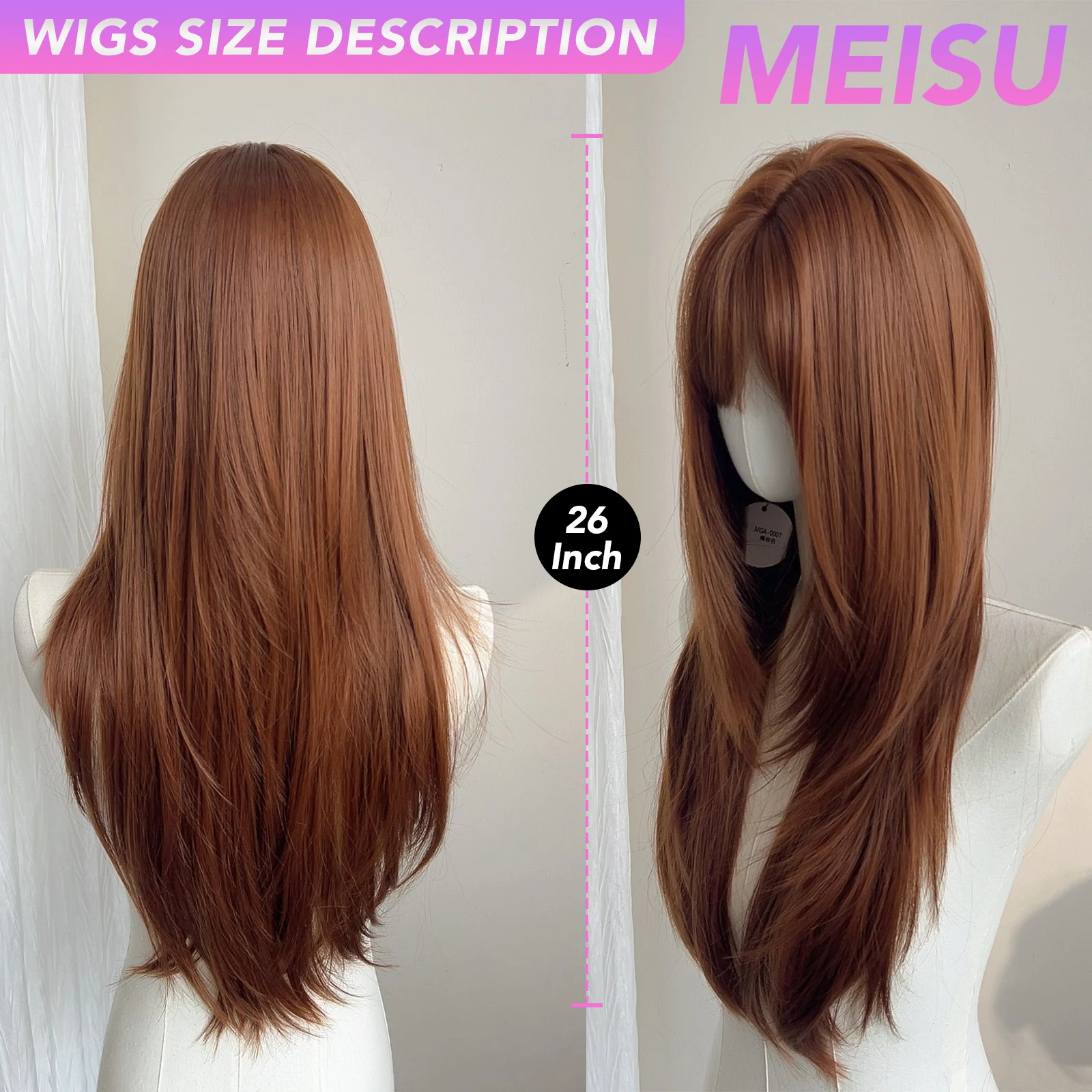 MEISU 26 بوصة شعر مستعار اصطناعي مستقيم الطبقات برتقالي داكن مقاومة للحرارة شعر طبيعي ناعم أنيق شعر مستعار للحفلات للنساء #3