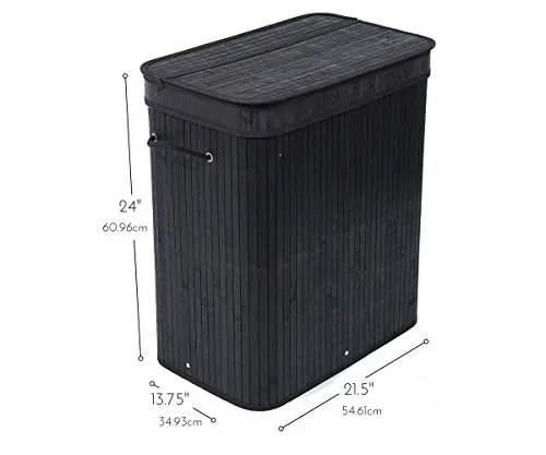 

Black Bamboo Dual-Compartment Collapsible Laundry Hamper With Lid, Removable Fabric Liners And Side Carry Straps