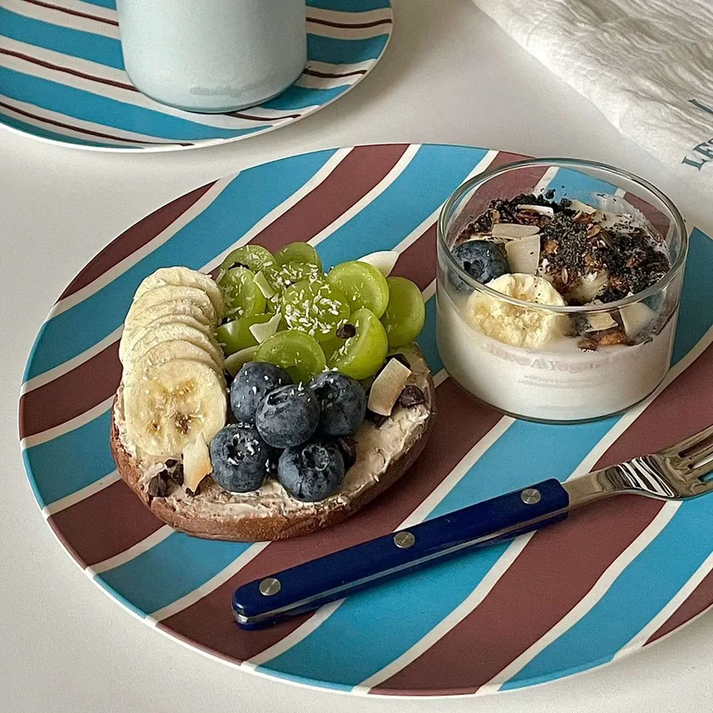Dining Plate Printed Korean Style Round Bamboo Fiber Dishes Dessert Cake Fruit Food Plate Tableware Kitchen Supplies