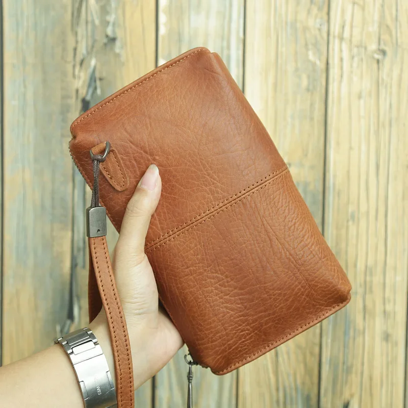 Men's Genuine Leather Clutch Soft Leather Long Zipper Wallet Head Layer Cowhide Enlarged Casual Phone Bag