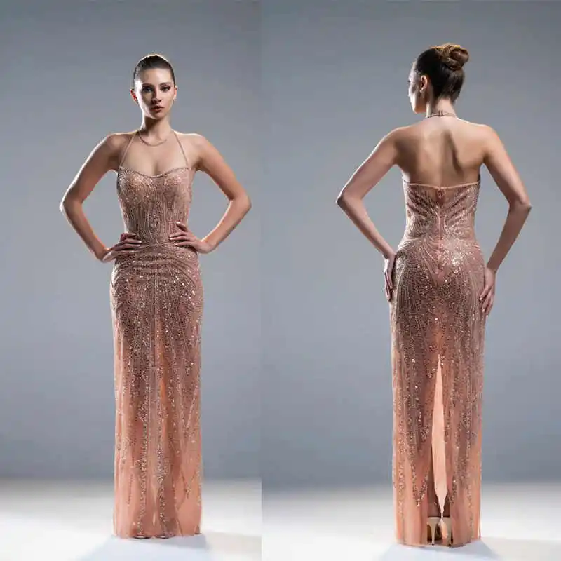 

Fashion Ball Gown Wedding Hanging Neck Sexy Sequins Evening Party Gown Vestido De Noiva Sweep Train Customized