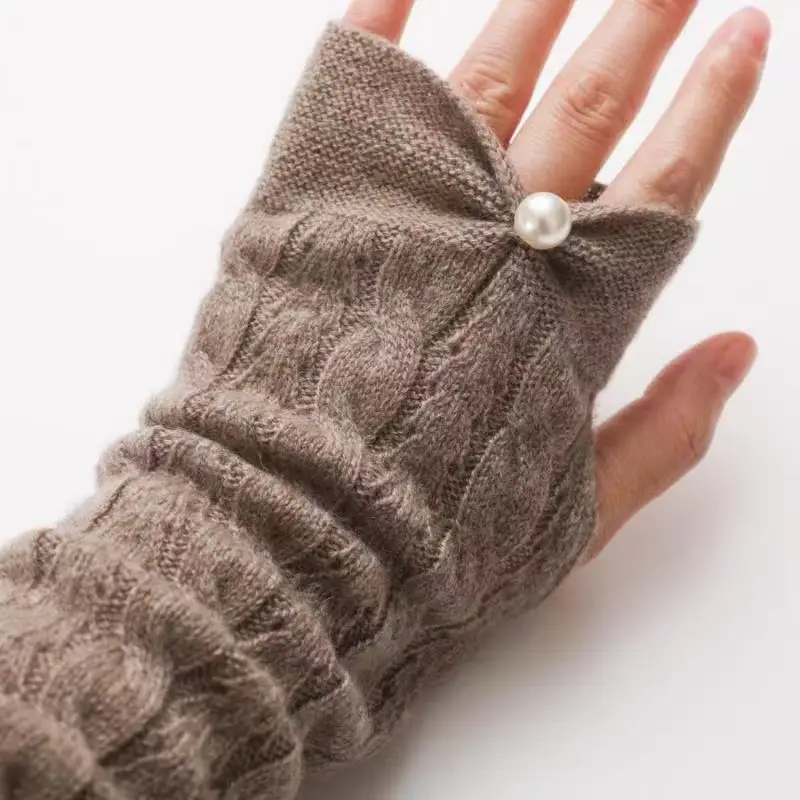 秋冬用カシミヤ肘当て付きロングオープンフィンガーグローブ-レディース-ツイストニットパール付き暖かいアームガードスリーブ