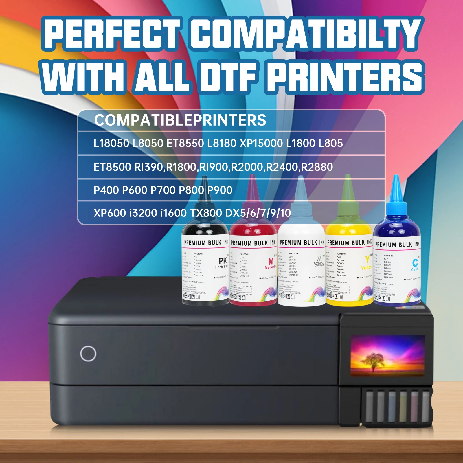 حبر DTF 250 مللي لإعادة تعبئة حبر فيلم نقل الحرارة المباشر لرأس الطباعة Epson i3200 XP600 TX800 L1800 1390 L805 جميع حبر DTF