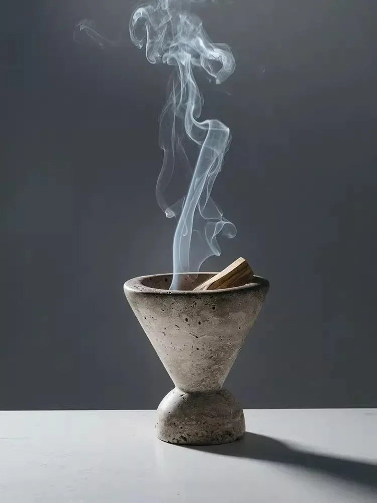 Natural Marble Incense Burner Holder for Palo Santo Wood Sticks Handmade Beige Travertine Mubkhar