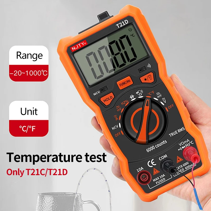 NJTY Digital Multimeter T21A T21B T21C T21D T21E 6000 Counts AC/DC A V Auto Range T-RMS NCV Handheld Multimetro Voltmeter Tester