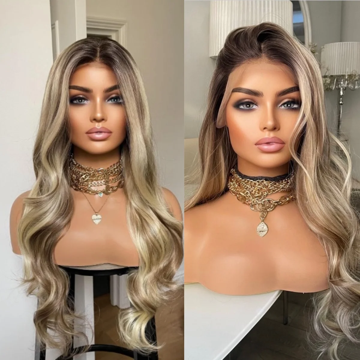 

Выделите Ombre Blonde Парики 13*4HD Прозрачный кружевной топ Парик шнурка Высокая плотность Длинные объемные волны Парики для женщин Ежедневное использование для косплея